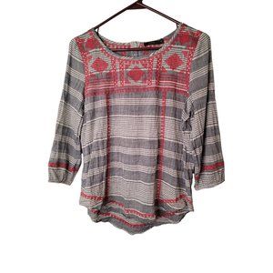 THML Size Medium Womens Top Striped Boho Embroidered 3/4 Sleeve Shirt
